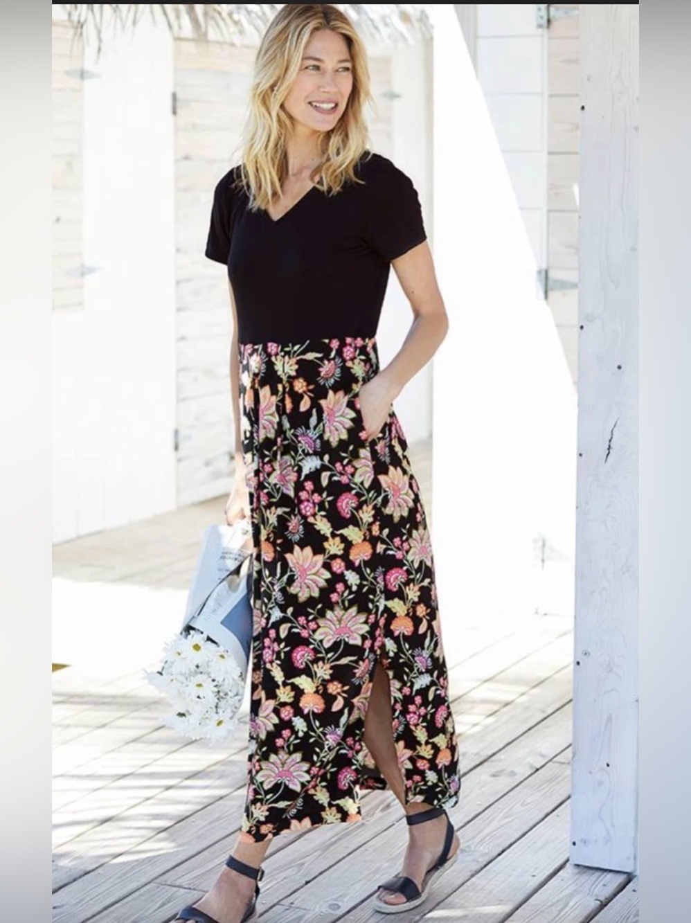 J.Jill Mixed Media Black Floral Maxi Dress Short Sleeve Pocket Cottagecore SZ L